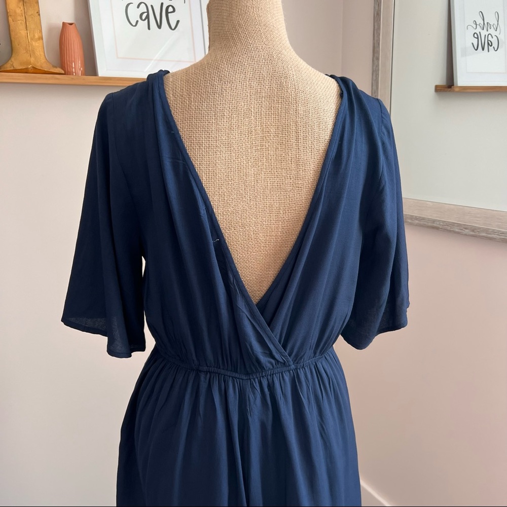 Navy Blue Button Surplice Open Back Romper - Picture 7 of 11